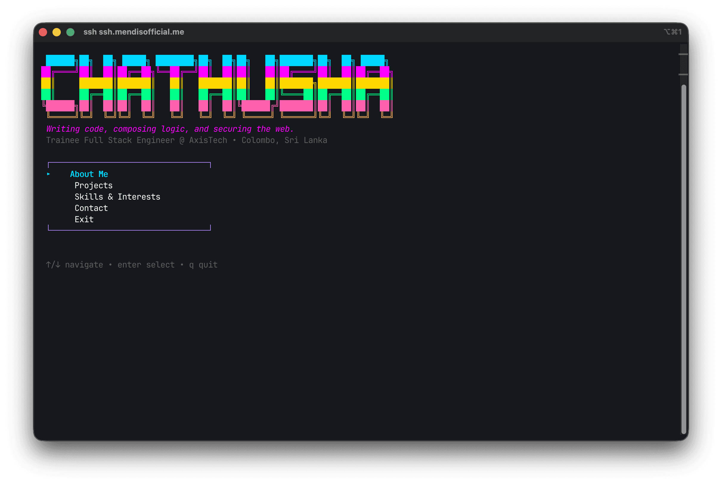 The SSH portfolio TUI running in a terminal, showing the main menu with keyboard navigation